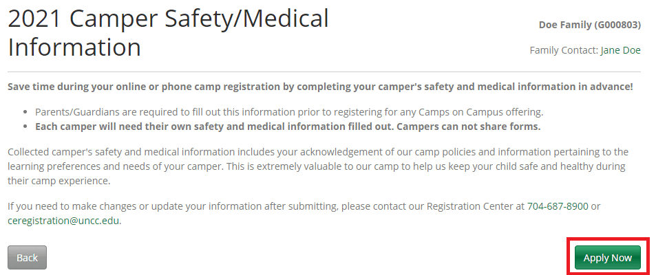 screenshot with camp registration instructions