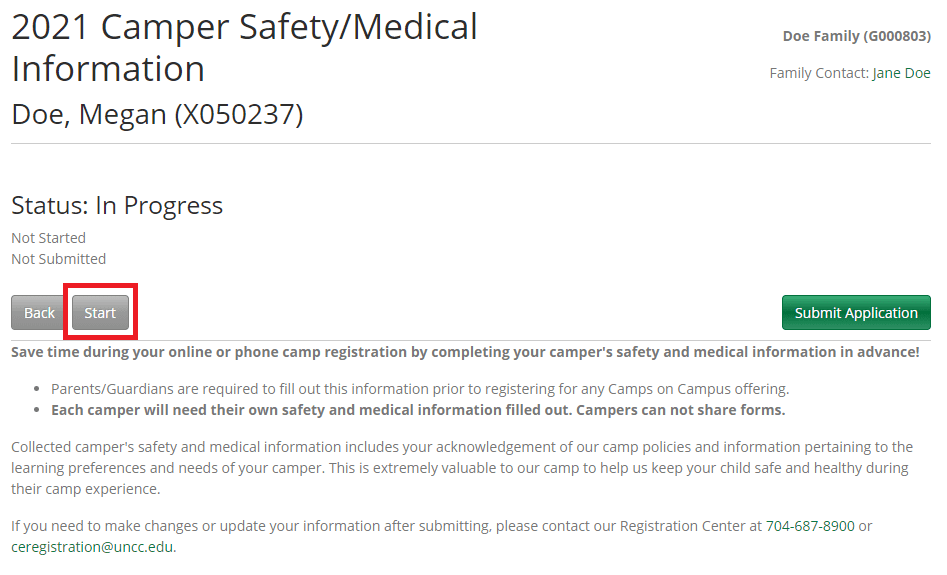 screenshot with camp registration instructions