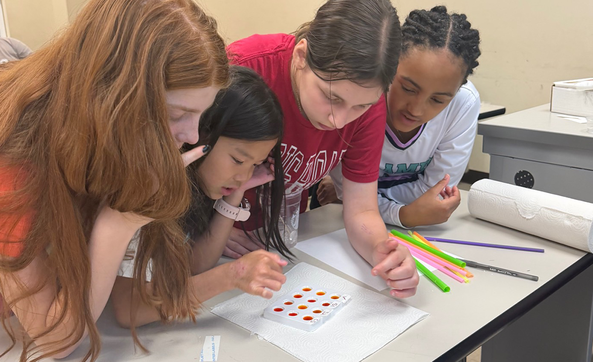 Four students closely examine a small tray of liquid samples while working together at a table.